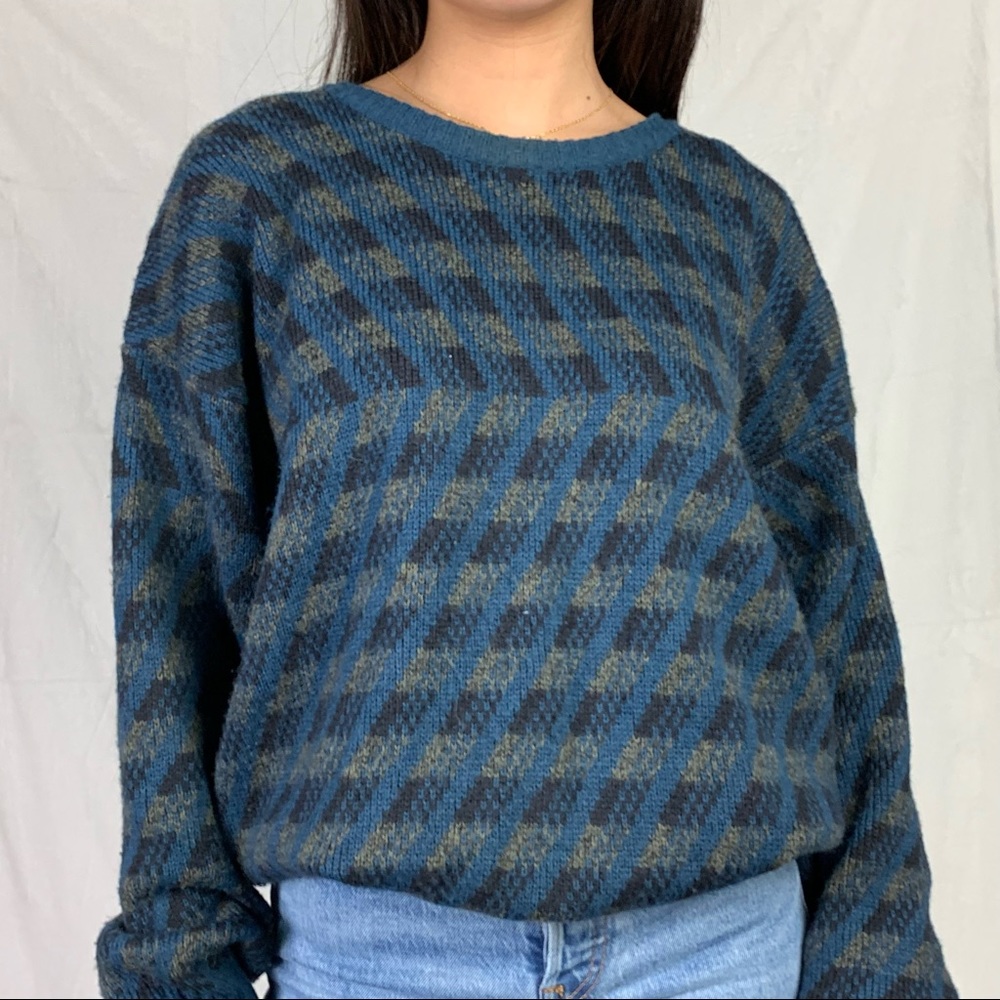 vintage ingo medium cozy blue plaid wool blend sweater